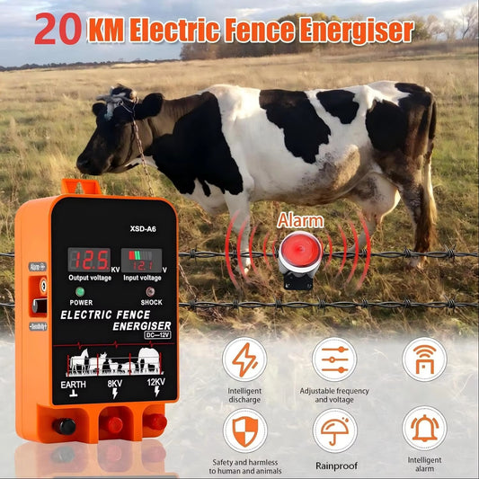 20KM Electric Fence Energizer 5.5 Joule With LCD Display 12V Energizer Controller for Farm Livestock With Alarm function