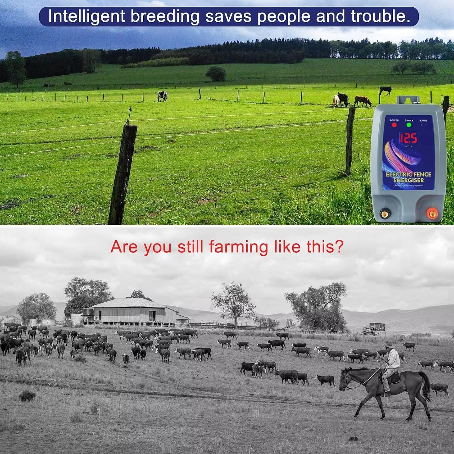 10km Electric Fence Energizer, with Battery Power Clip Connector Farm Cattle Sheep Poultry Captive Security Fence
