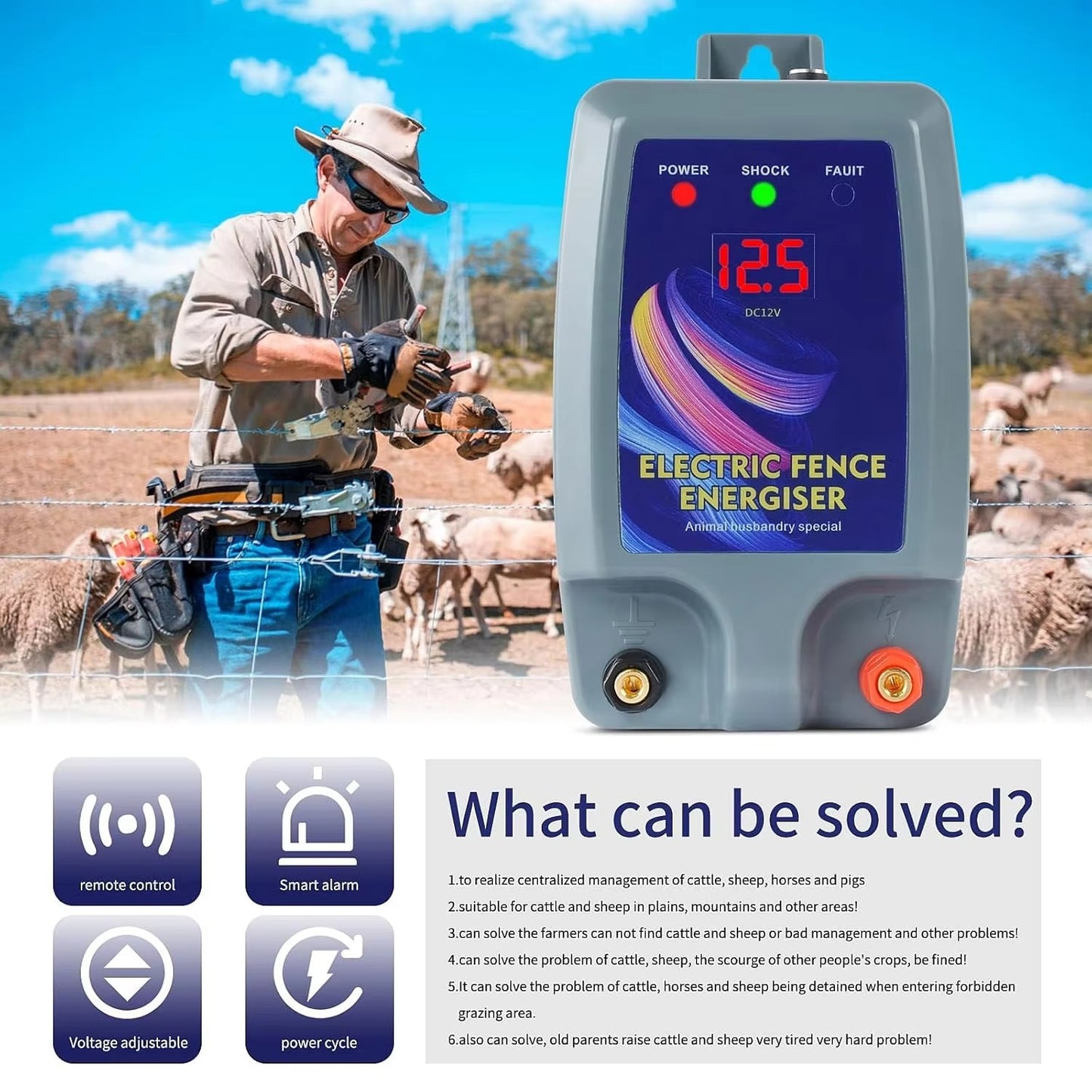10km Electric Fence Energizer, with Battery Power Clip Connector Farm Cattle Sheep Poultry Captive Security Fence