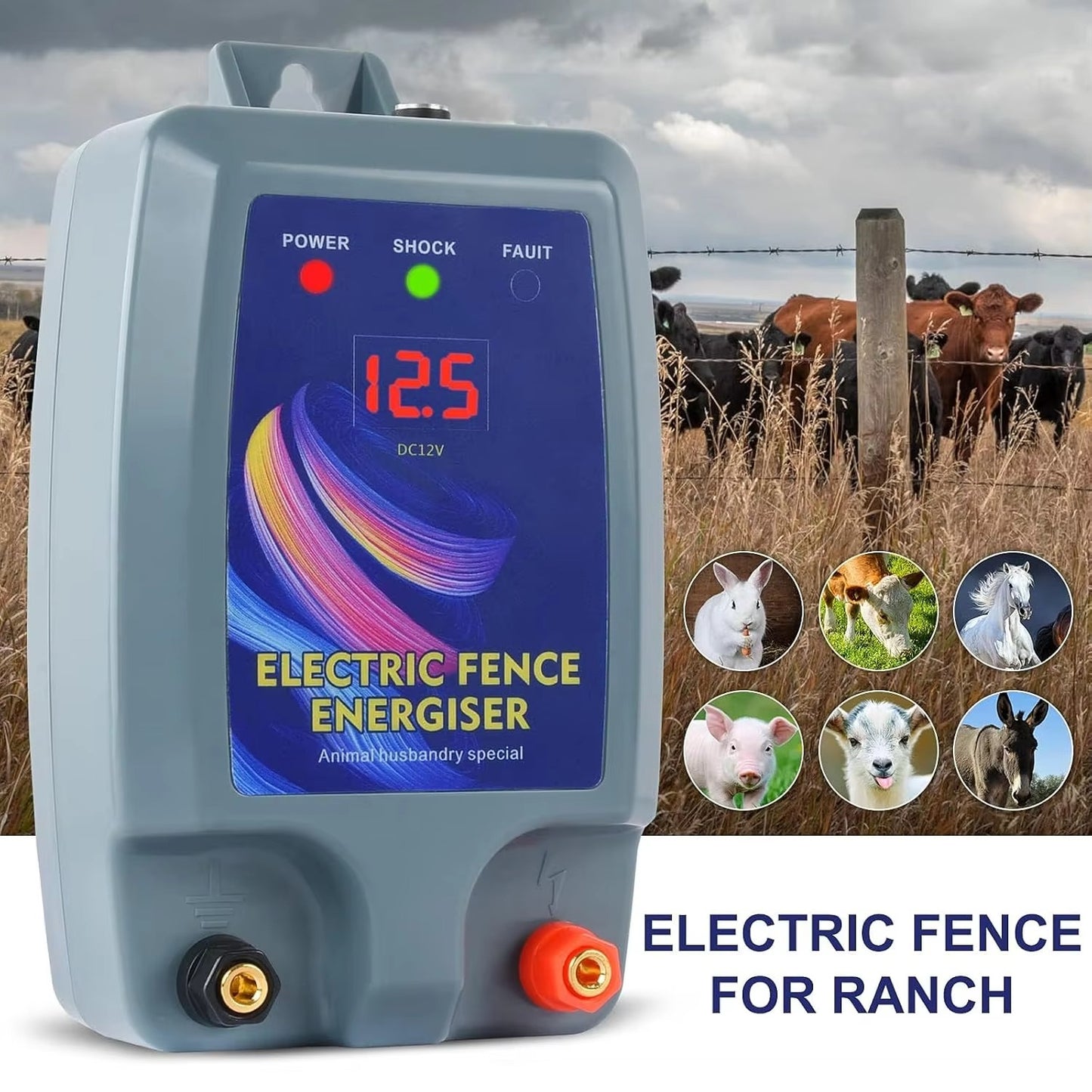 10km Electric Fence Energizer, with Battery Power Clip Connector Farm Cattle Sheep Poultry Captive Security Fence