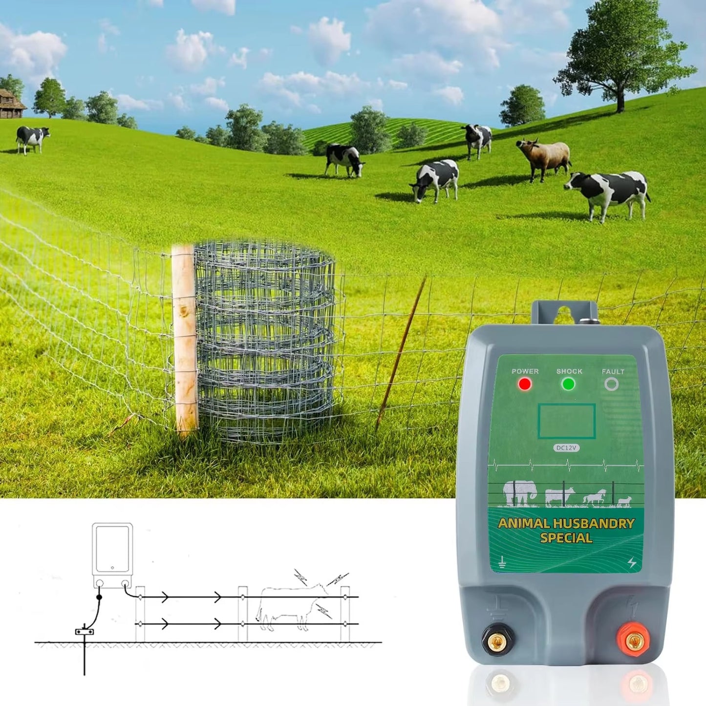 Electric Fence Charger Battery Powered 12V – 6 Miles / 40 Acres for Cattle Horse Sheep