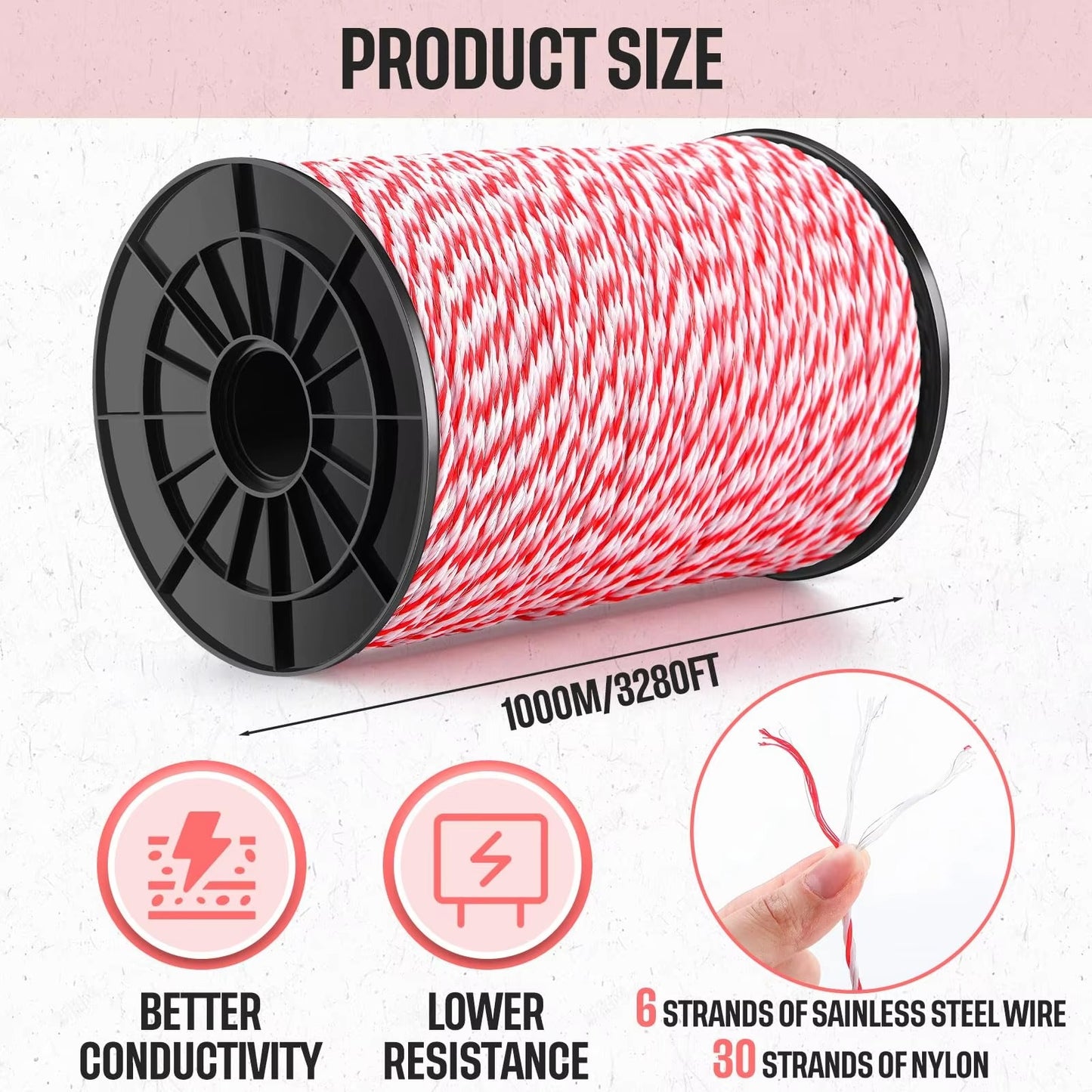 Electric Fence Polywire 2mm – 200m / 500m High-Visibility Red & White | Cattle Horse Sheep