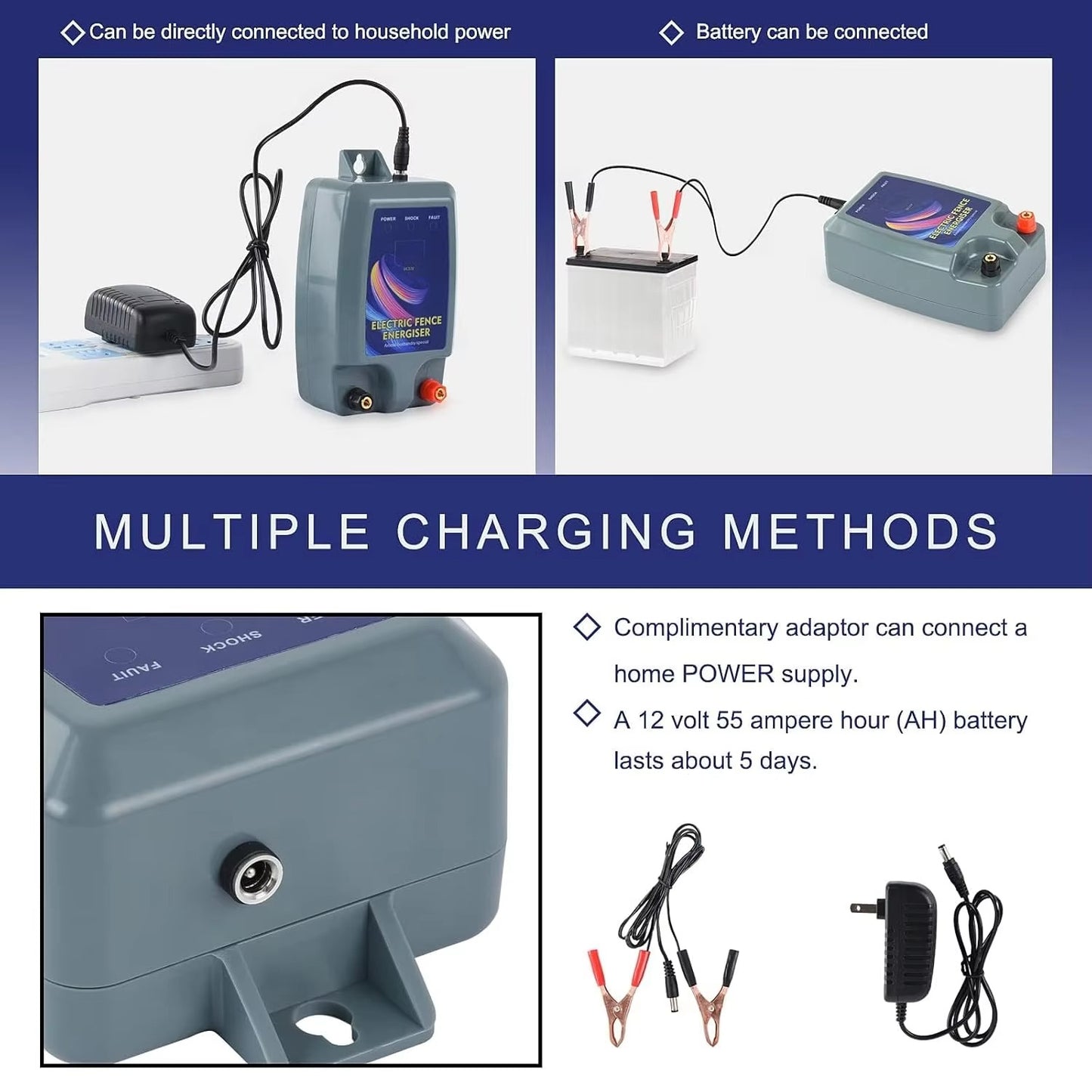10km Electric Fence Energizer, with Battery Power Clip Connector Farm Cattle Sheep Poultry Captive Security Fence