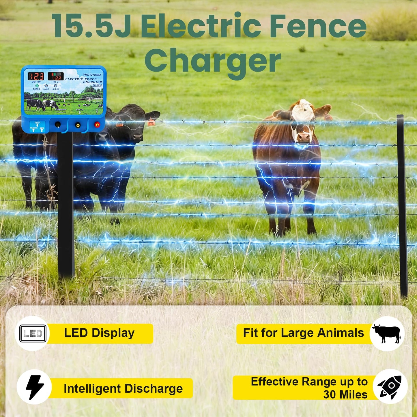 15.5J Electric Fence Charger - LED Display Intelligent Discharge Fit for Large Animals 30 Miles Range