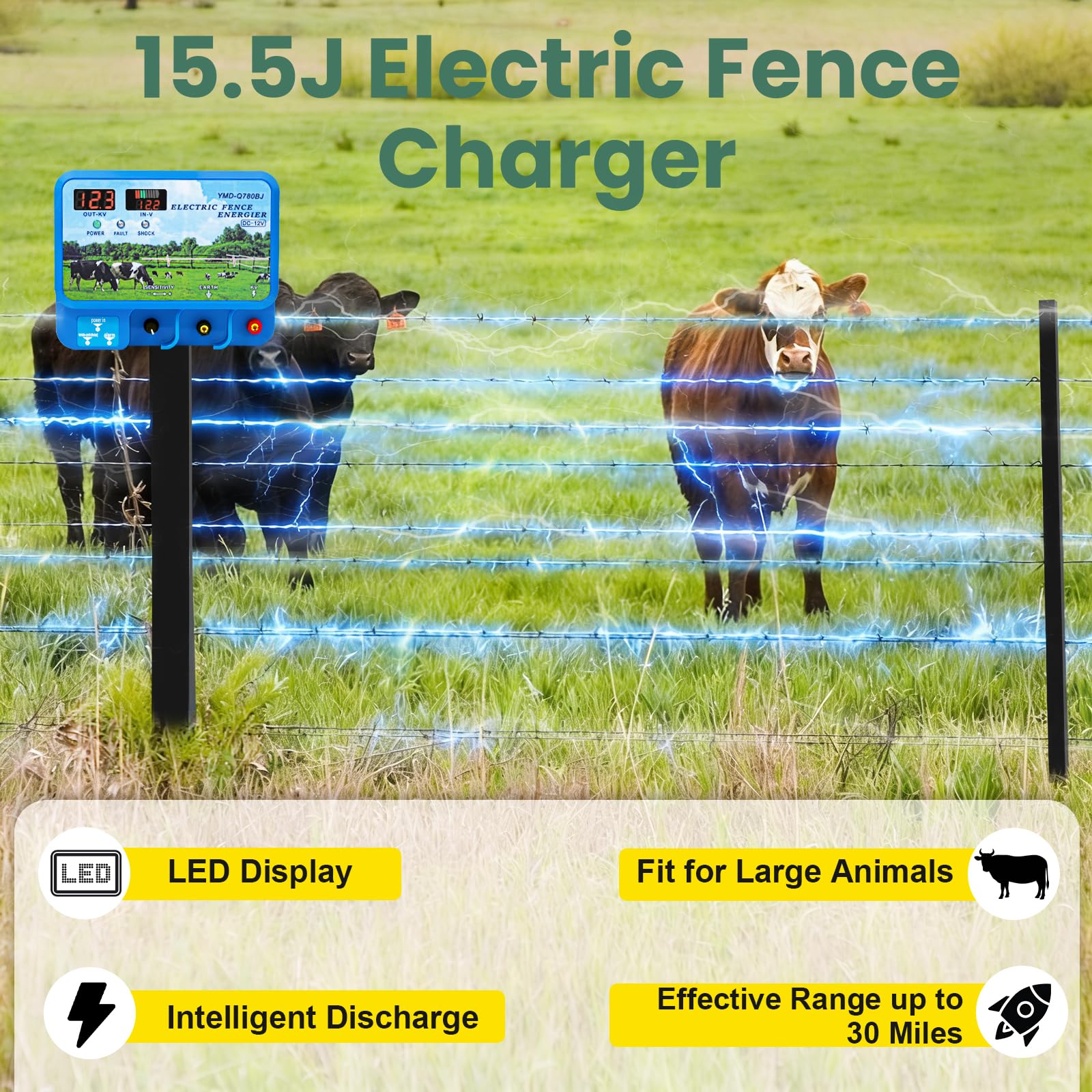 15.5J Electric Fence Charger - LED Display Intelligent Discharge Fit for Large Animals 30 Miles Range