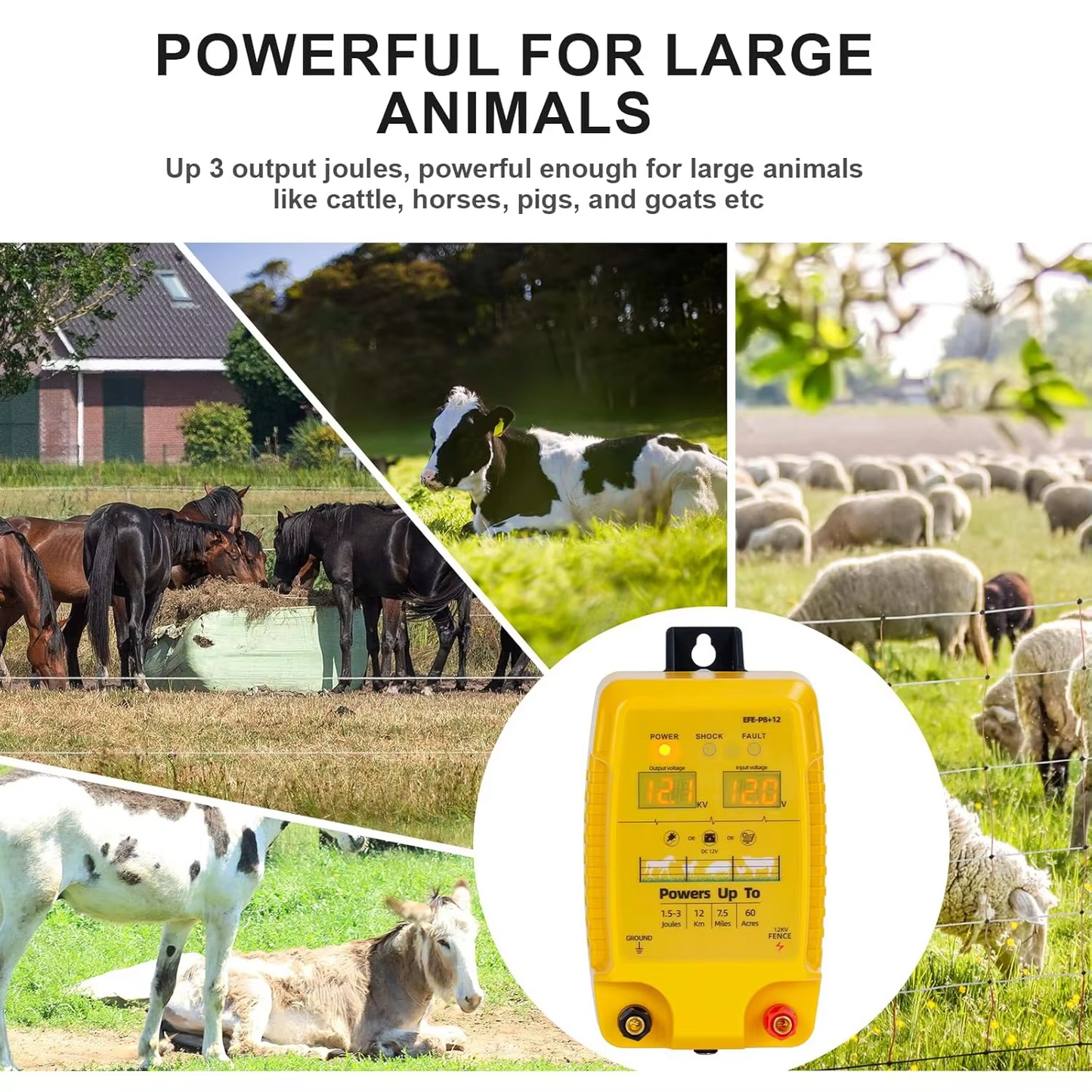 Electric Fence Charger AC Powered – P8 1.5-3 Joules 12KM for Cattle Sheep Horse Pig