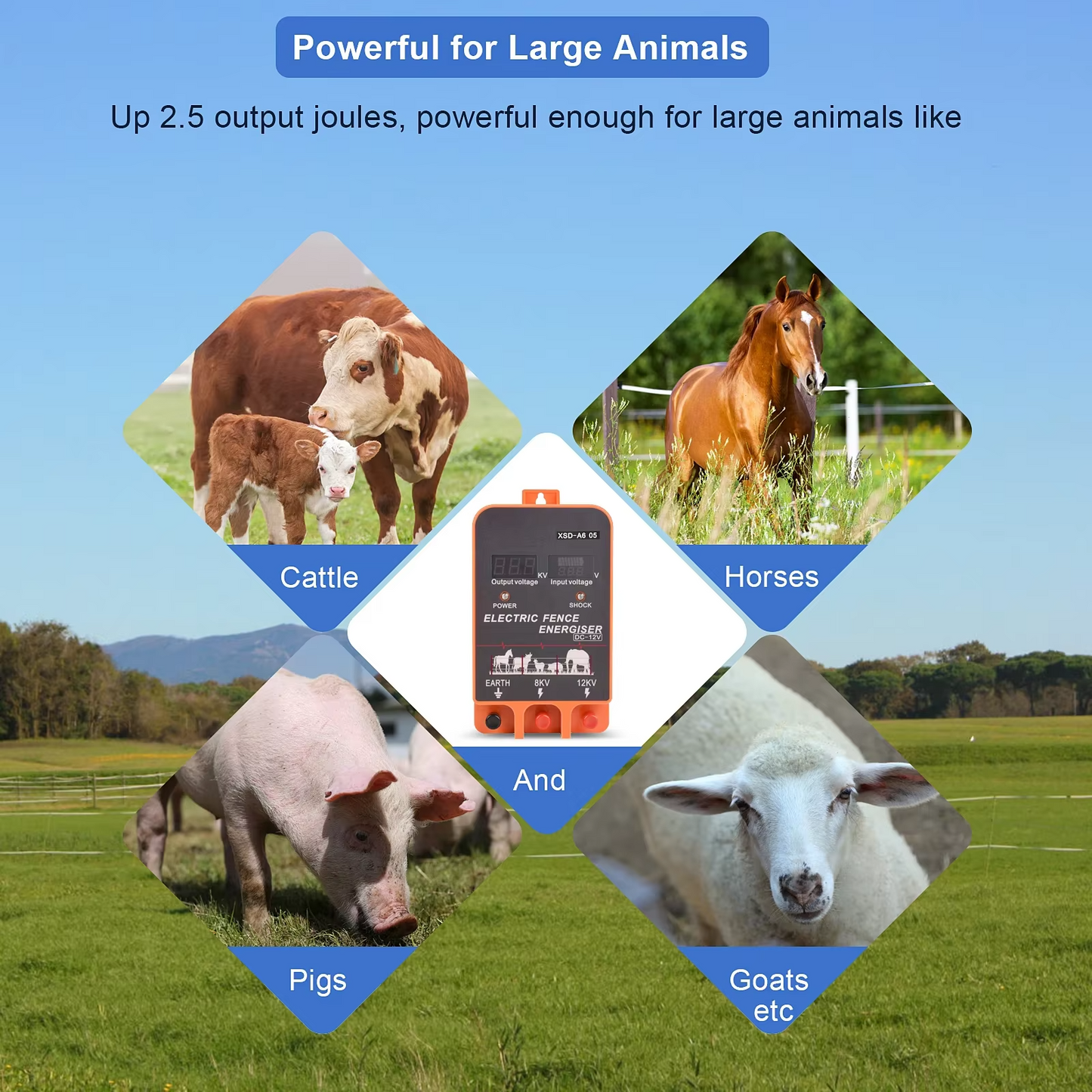 5-10KM Electric Fence Energizer 2.5 Joule With LCD Display 12V Energizer Controller for Farm Livestock