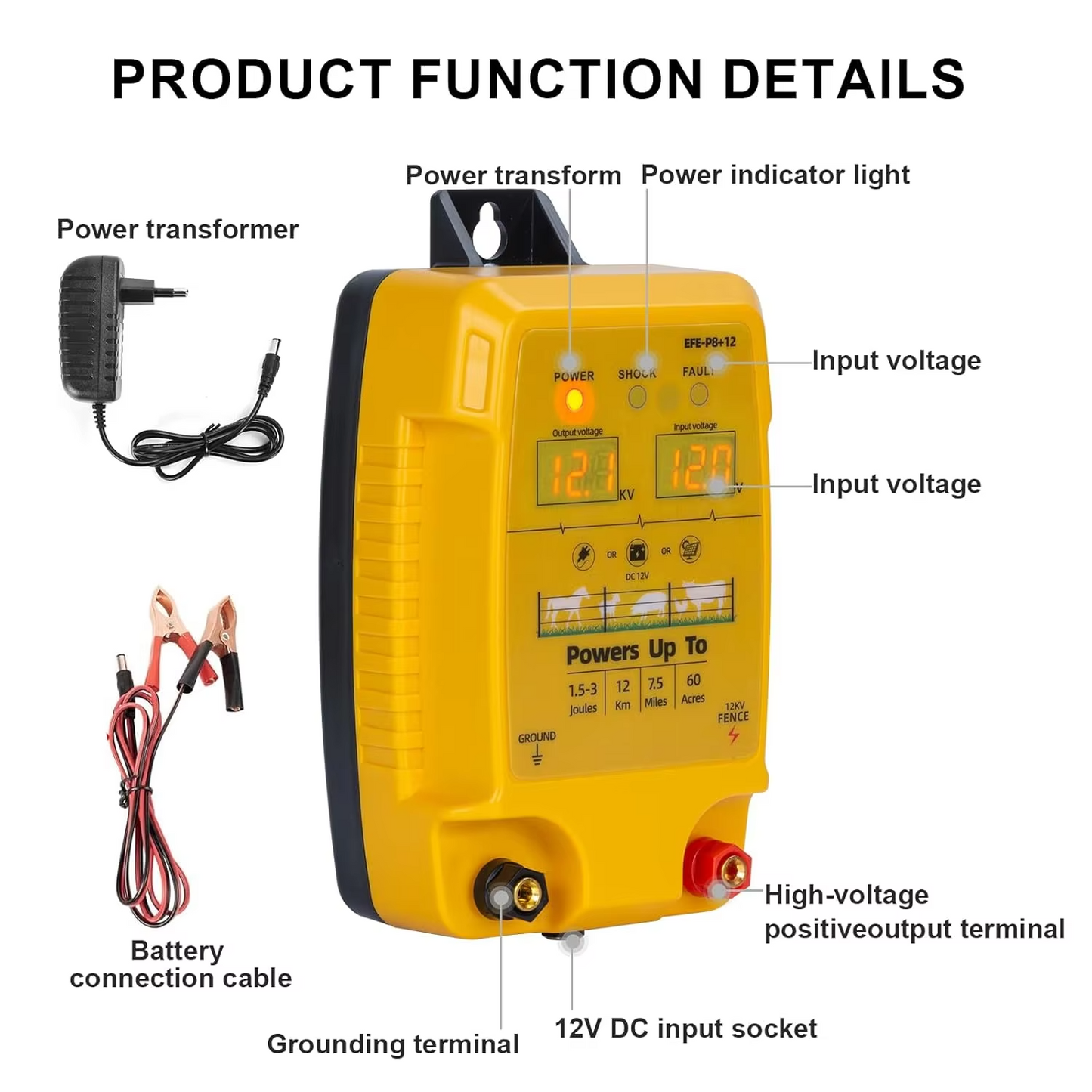 Electric Fence Charger AC Powered – P8 1.5-3 Joules 12KM for Cattle Sheep Horse Pig