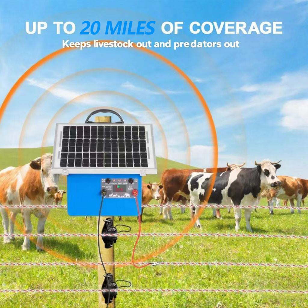20 Miles Solar Electric Fence Charger, 0.5J Energizer Controller for Livestock